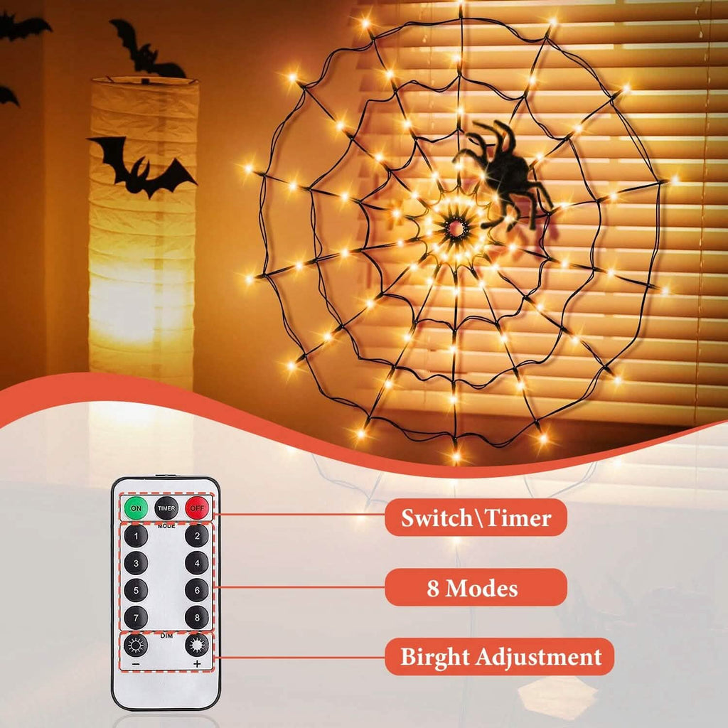 Spider Web Light with Hairy Spider 70LED Battery Powered Remote Control 8 Lighting Modes