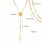 Stainless Steel St. Benedict Pattern Golden Rosary Cross Pendant Necklace