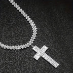 Sterling Silver 925 Luxury Cross Pendant Necklace with Multi-Layer Zircon and Sparkling Rhinestones