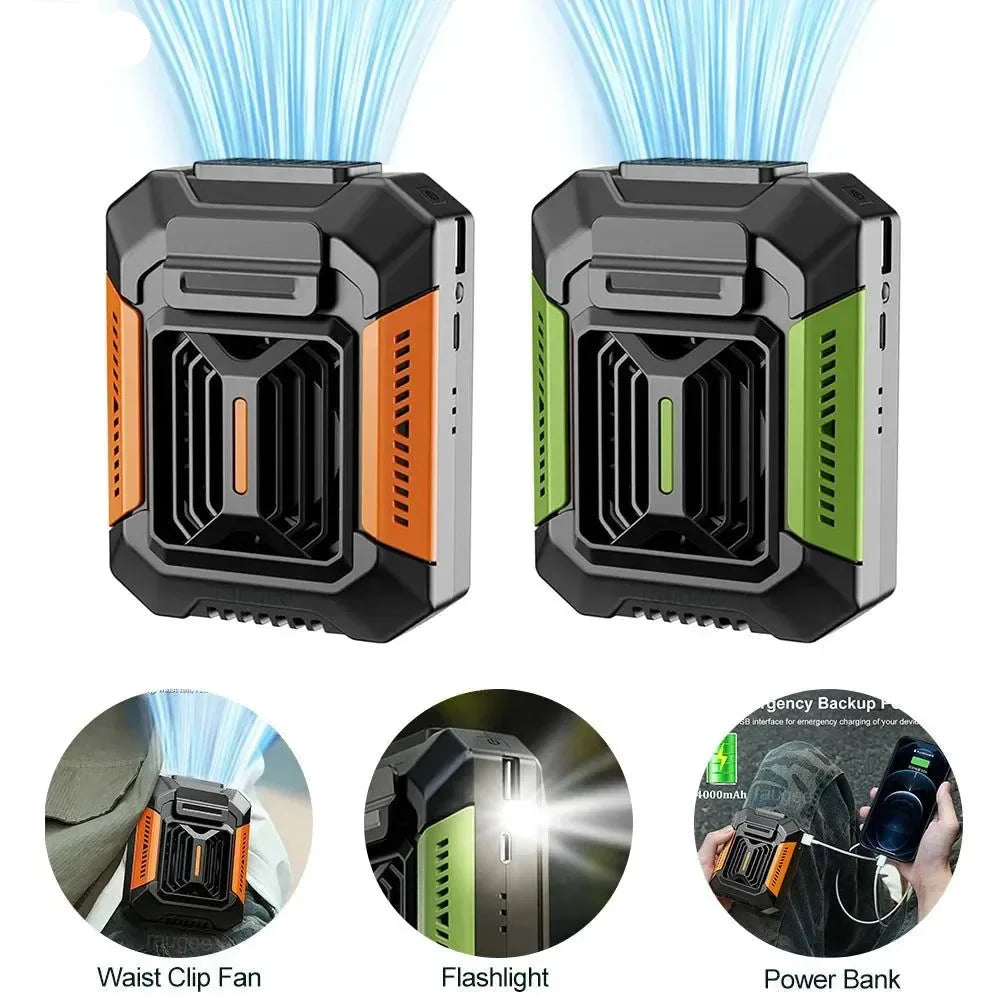 Portable Waist Clip Fan – Mini Hanging Neck & Waist Fan with Power Bank & LED Light