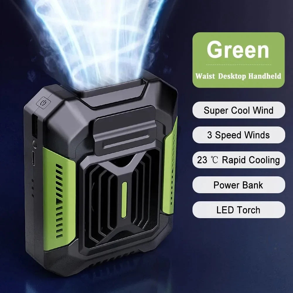 Portable Waist Clip Fan – Mini Hanging Neck & Waist Fan with Power Bank & LED Light