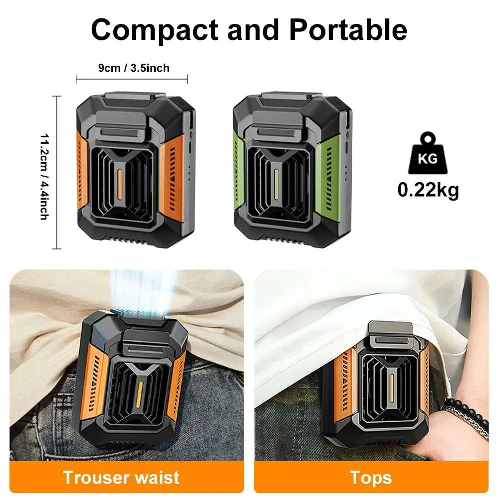 Portable Waist Clip Fan – Mini Hanging Neck & Waist Fan with Power Bank & LED Light