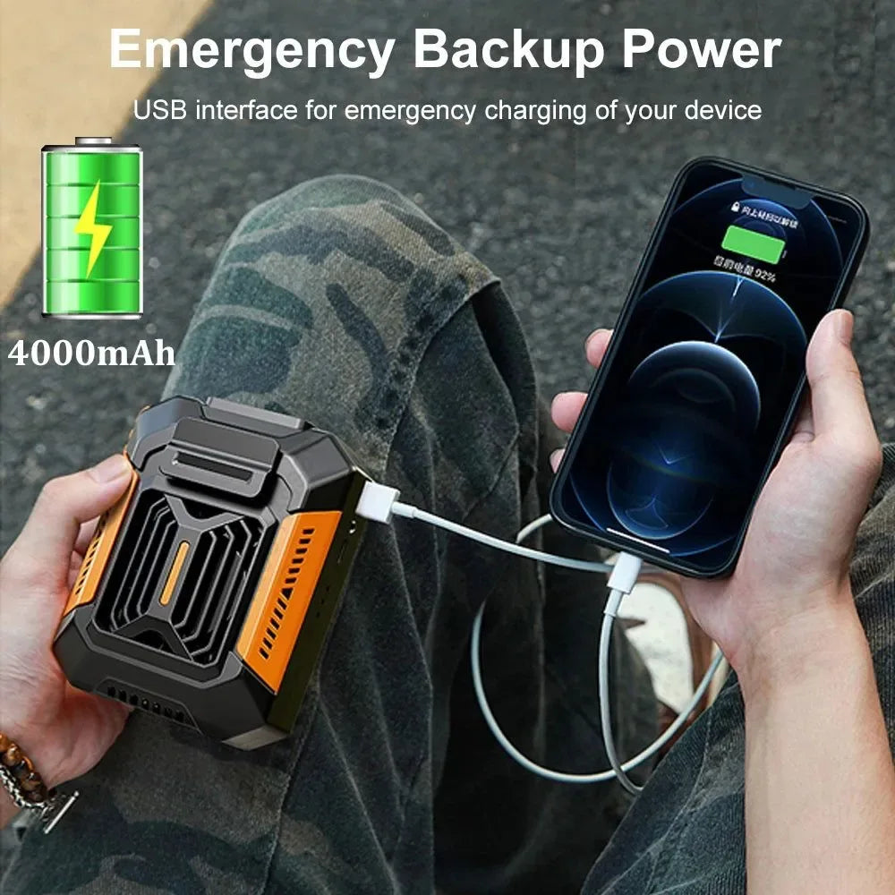 Portable Waist Clip Fan – Mini Hanging Neck & Waist Fan with Power Bank & LED Light