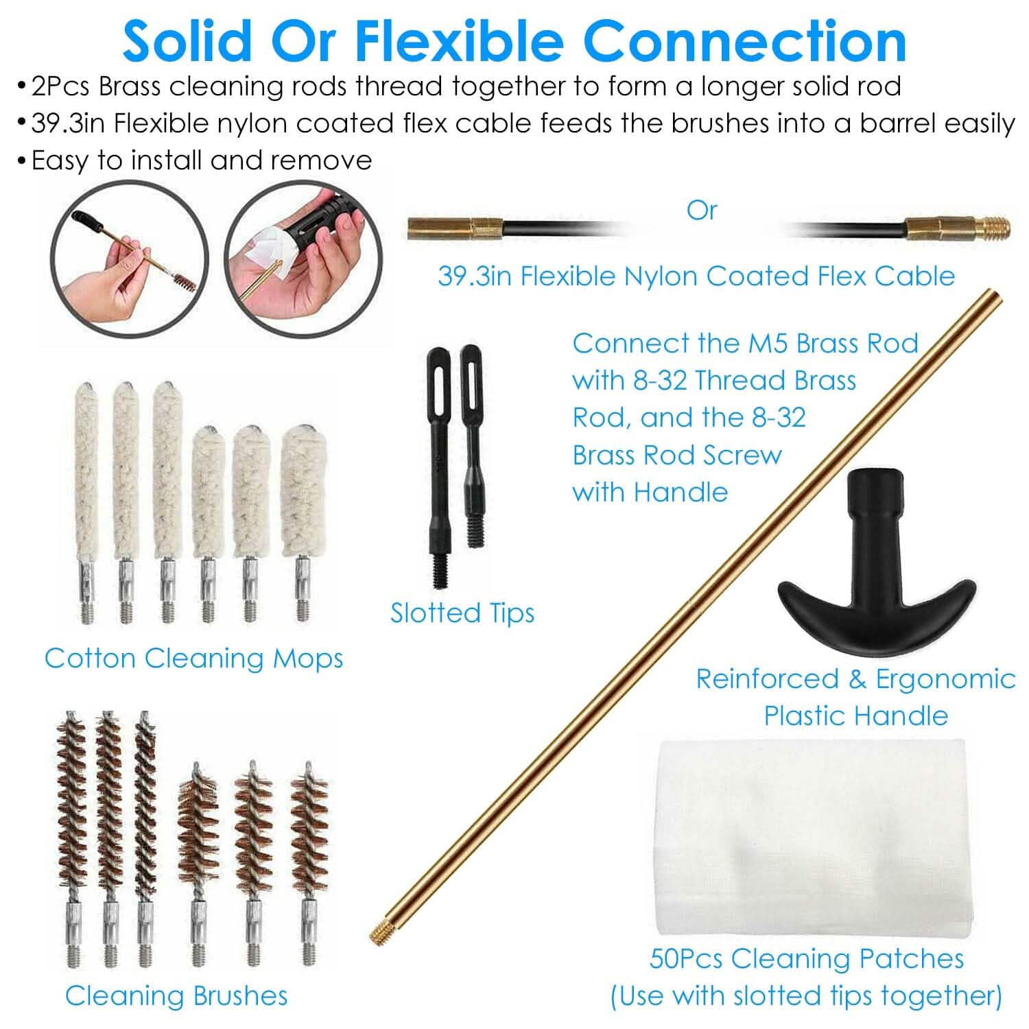 Universal Gun Cleaning Kit with 39.3" Flex Cable Brass Rod