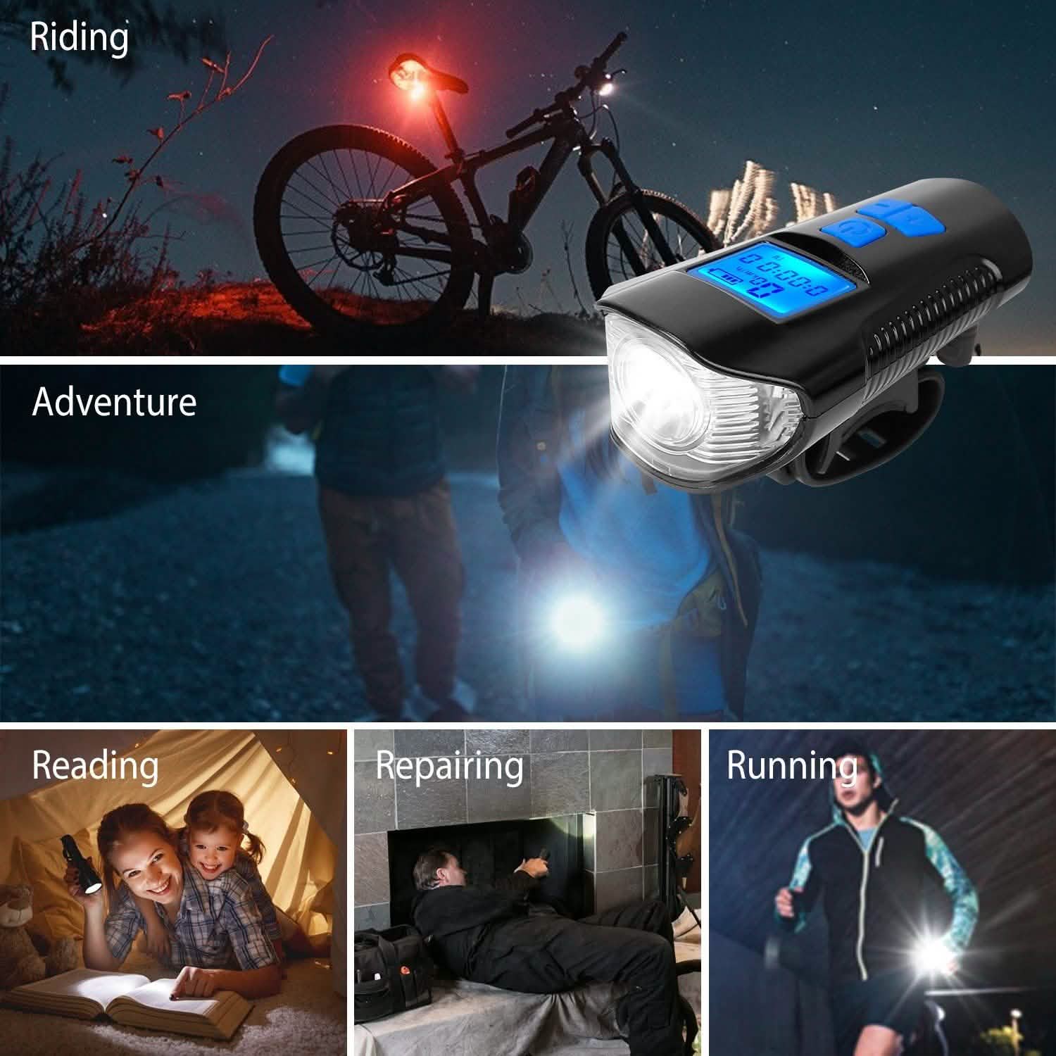 USB Rechargeable Bike Light Set with Speedometer and Odometer