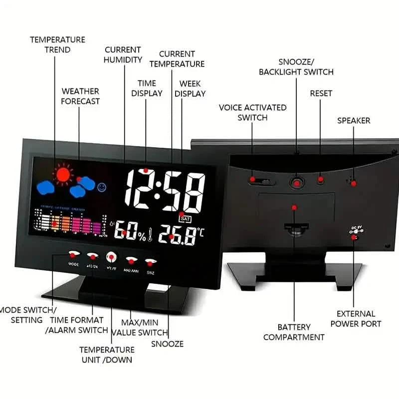 Vibrant Digital Weather Alarm Clock with Voice Control