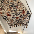 Tapestry Table Runner with Floral Bird Motif & Tassels
