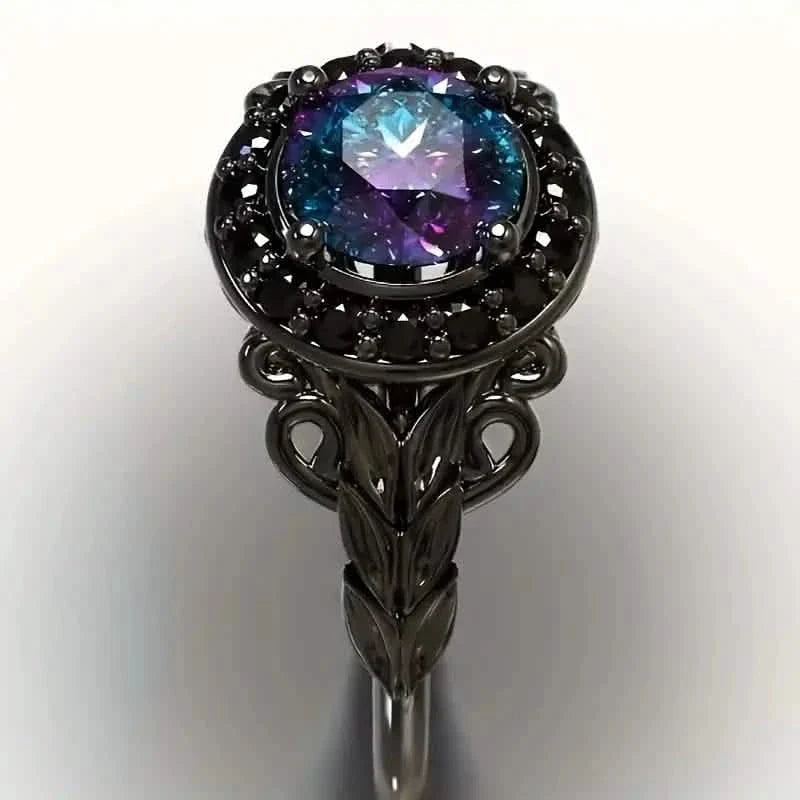 Vintage Gothic Style Synthetic Rainbow Stone Ring with Imitation Black Zirconia