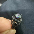 Vintage Gothic Style Synthetic Rainbow Stone Ring with Imitation Black Zirconia