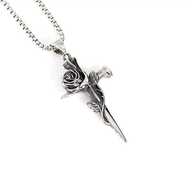 Vintage-Inspired Men's Titanium Steel Pendant Necklace - Unique Keel Chain Design with Cross and Rose Accents