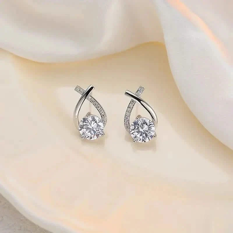 Vintage Style Stud Earrings - Embellished with Rhinestones, Cross Line Design