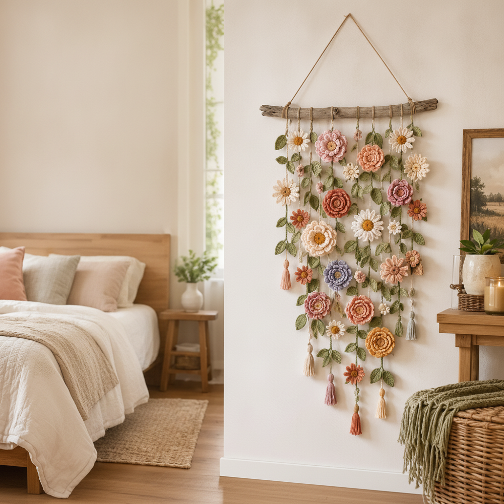 Crocheted Flower Wall Hanging with Tassels