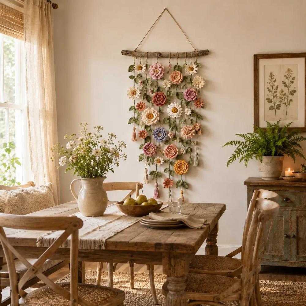 Crocheted Flower Wall Hanging with Tassels