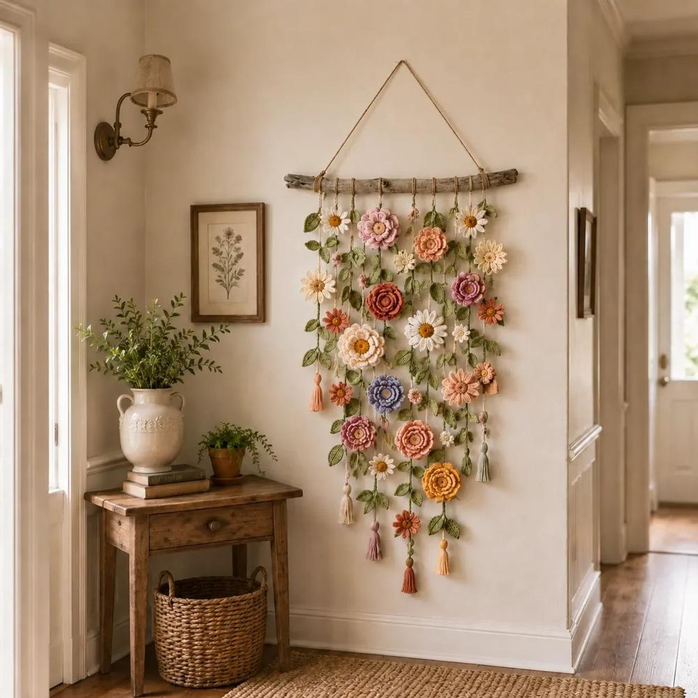 Crocheted Flower Wall Hanging with Tassels