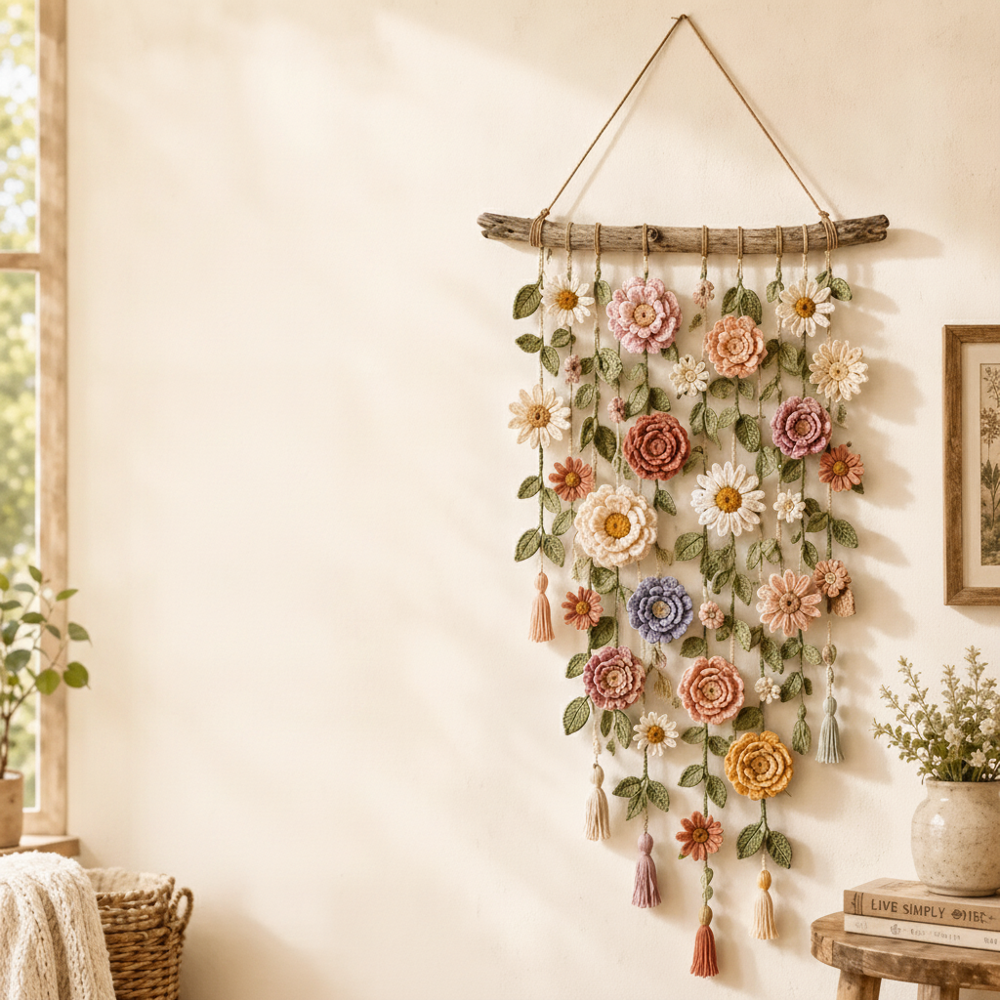 Crocheted Flower Wall Hanging with Tassels