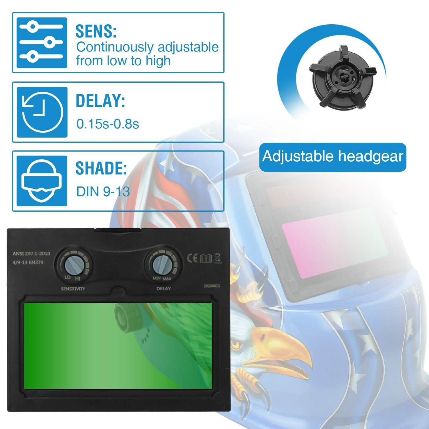 Welding Helmet Solar Powered Auto Darkening Hood with Adjustable Wide Shade