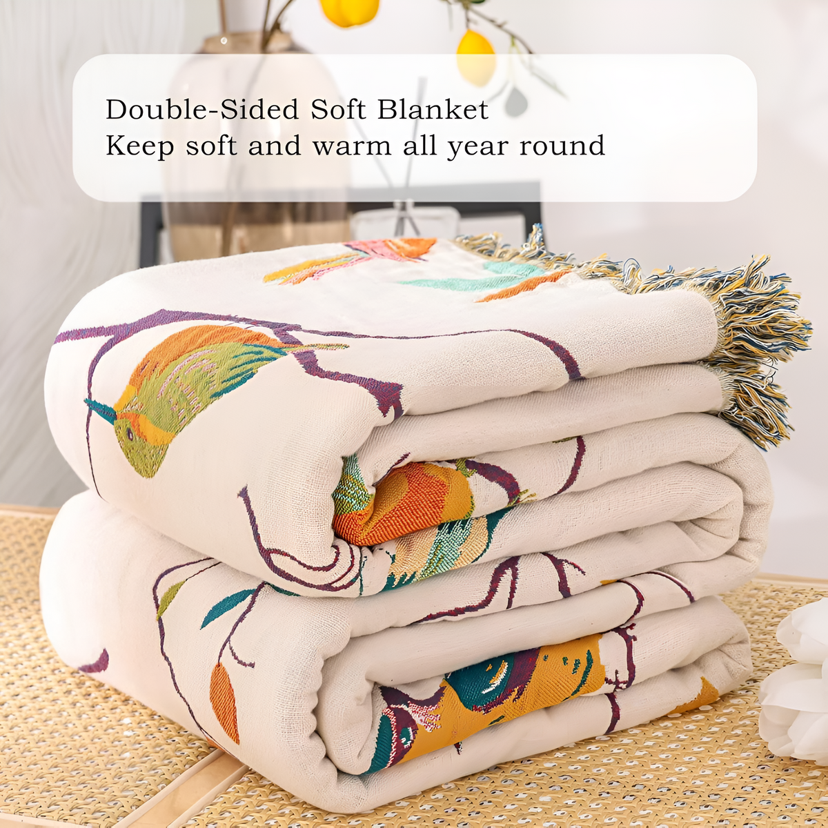 Boho Bird Pattern Tasseled Cotton Throw Blanket