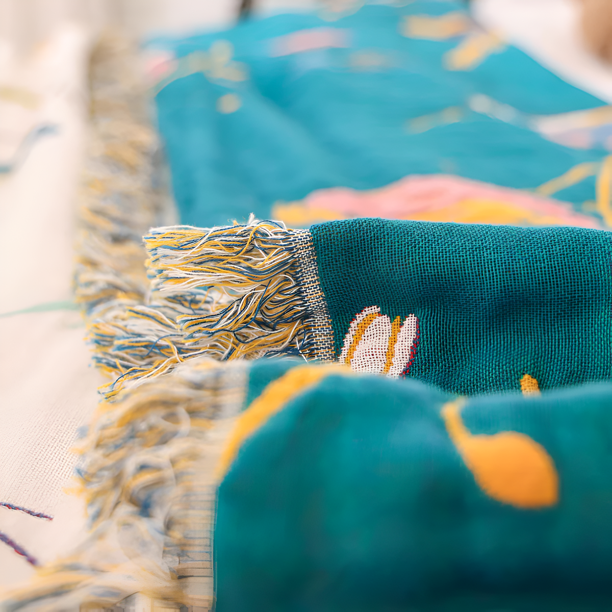 Boho Bird Pattern Tasseled Cotton Throw Blanket