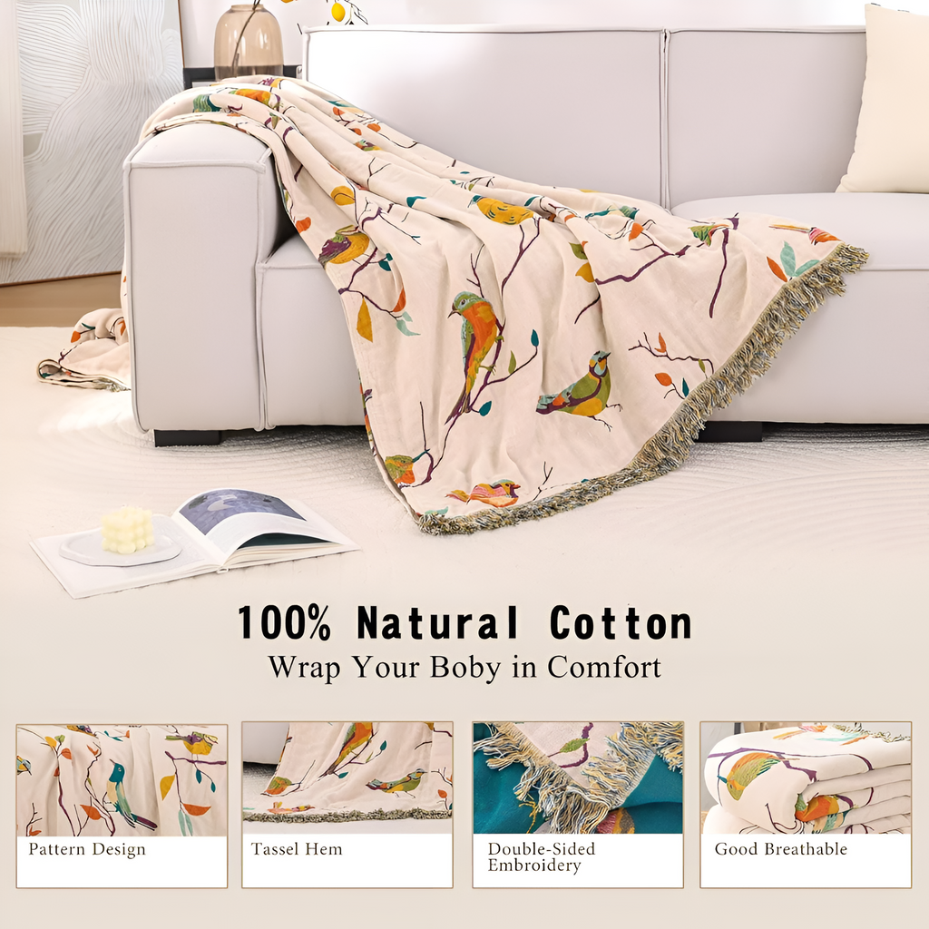 Boho Bird Pattern Tasseled Cotton Throw Blanket
