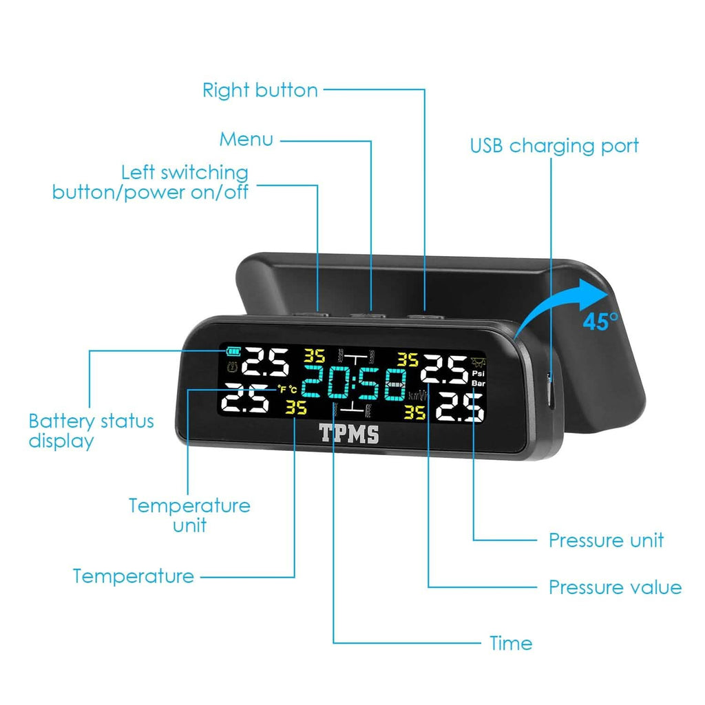 Wireless Solar Car Tire Pressure Monitoring System Auto Tire Pressure with Sensors Temperature Alarm