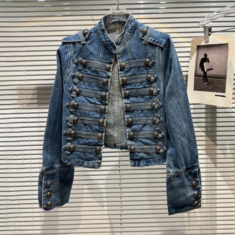 Women's Denim Jacket with Stand-Up Collar and Buttons