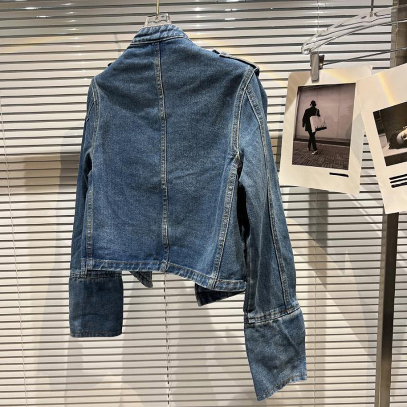 Women's Denim Jacket with Stand-Up Collar and Buttons