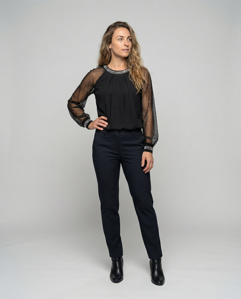 Niki | Elegant Sequined Mesh Sleeve Top
