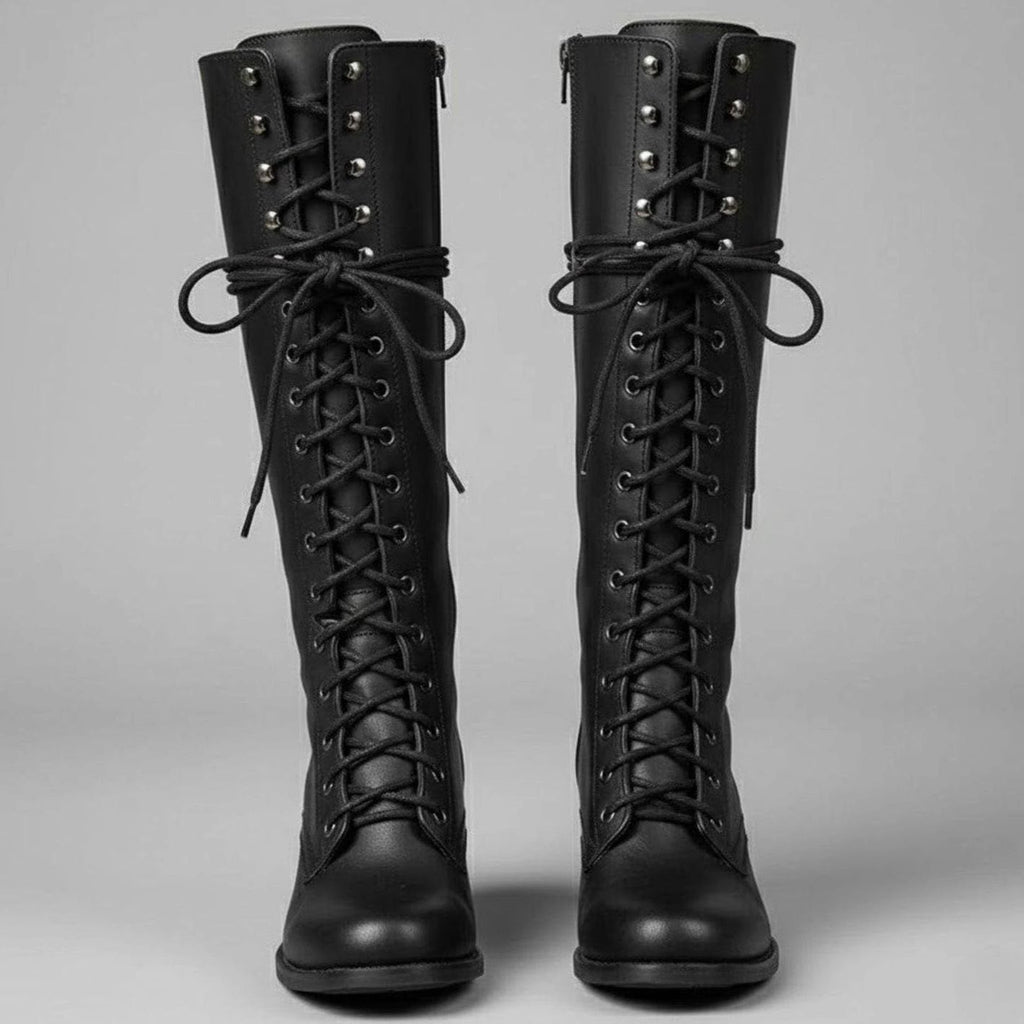 Women's Lace-Up Studded Block Heel Knee-High Boots