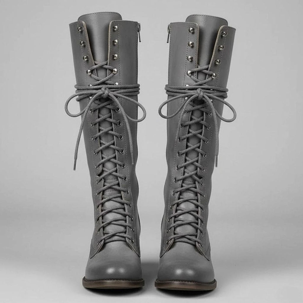 Women's Lace-Up Studded Block Heel Knee-High Boots