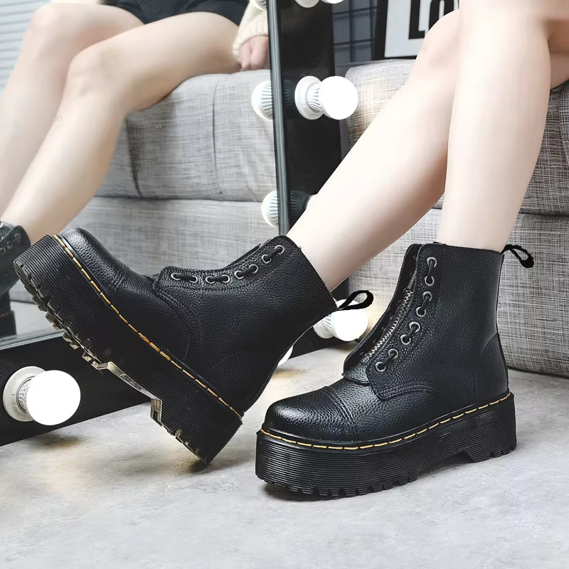Women's Thick-Sole Ankle Boots with Front Zip