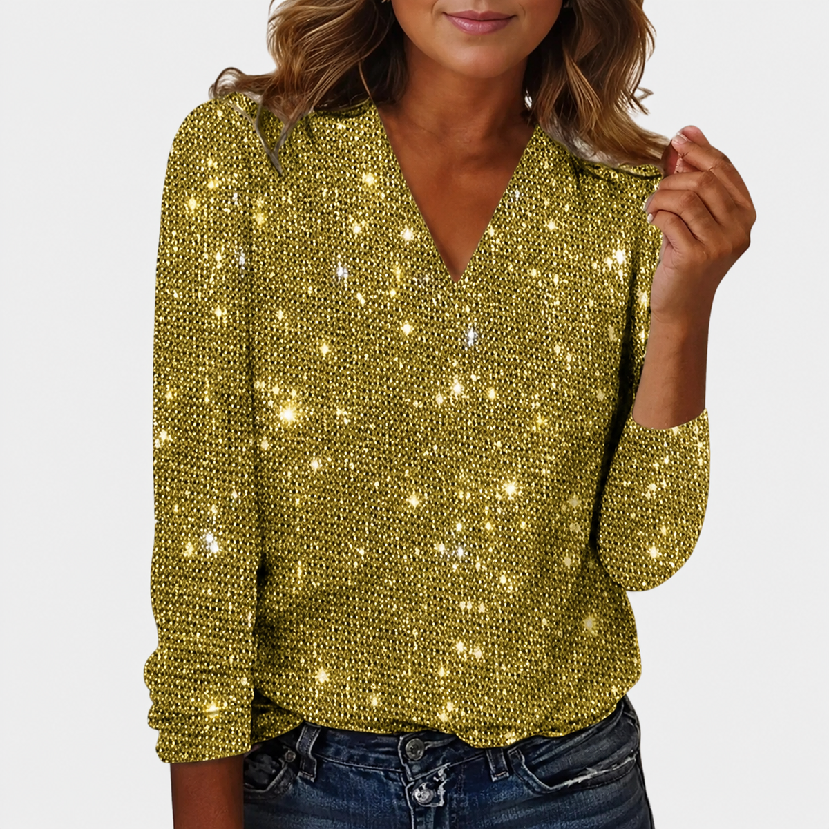 Women's Glitter V-Neck Long Sleeve Top