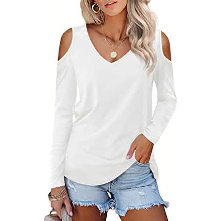 Womens Long Sleeve Cold Shoulder Basic Tee Tops Shirts