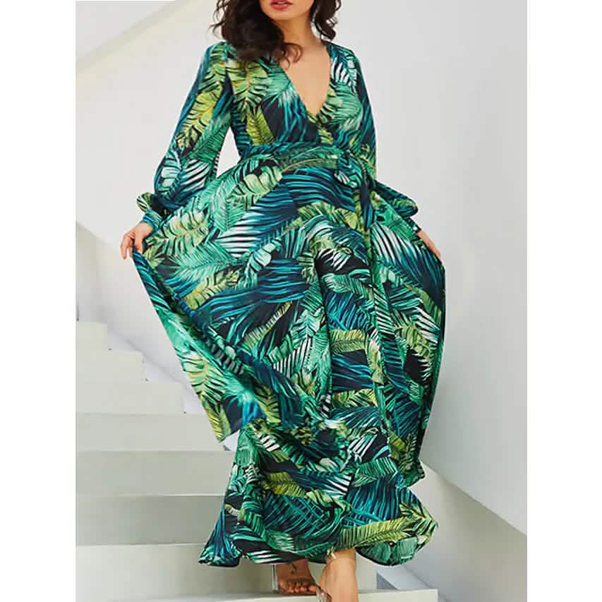 Women's Plus Size A Line Dress Floral V Neck Print Lantern Sleeve