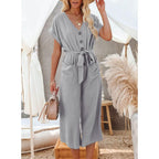 Women's Short Sleeve V Neck Button Belt Wide Leg Jumpsuit