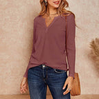 Women's V Neck Waffle Knit Henley Tops