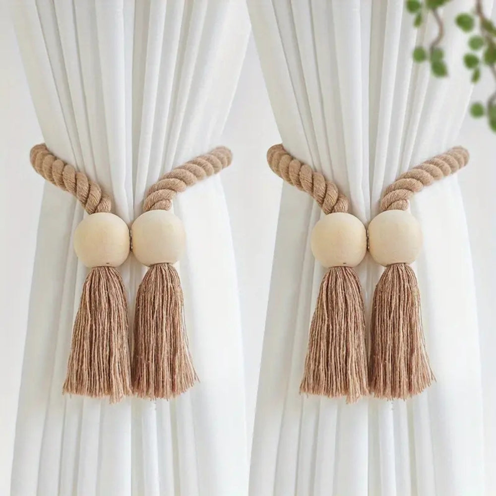 Wood Bead Tassel Curtain Holders | 2 Pc Set