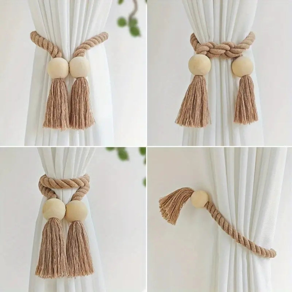 Wood Bead Tassel Curtain Holders | 2 Pc Set