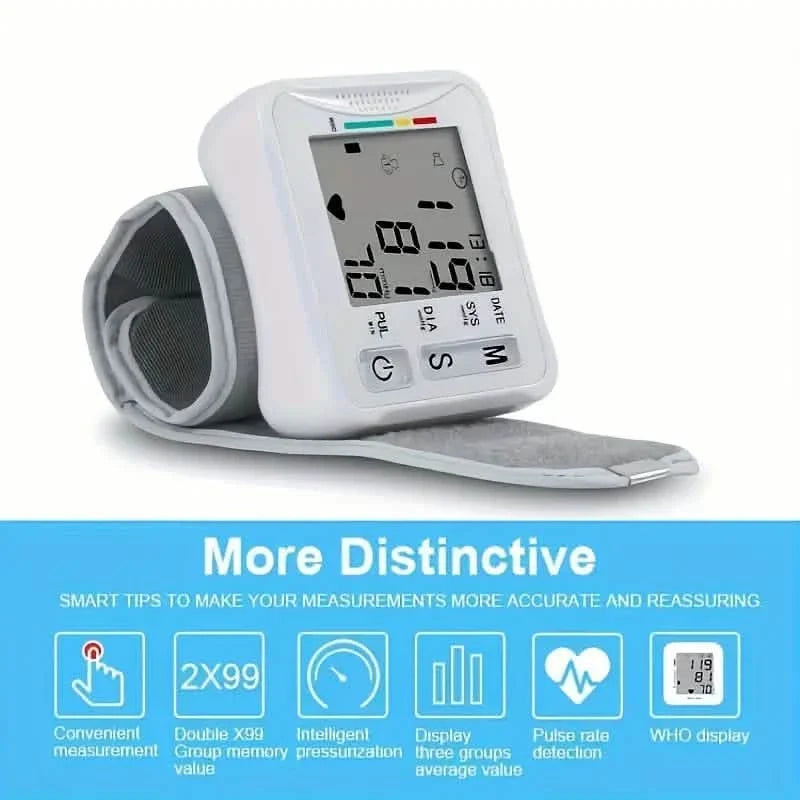 Wrist Blood Pressure Monitor with LCD Display, Adjustable Cuff with Irregular Heartbeat Detection