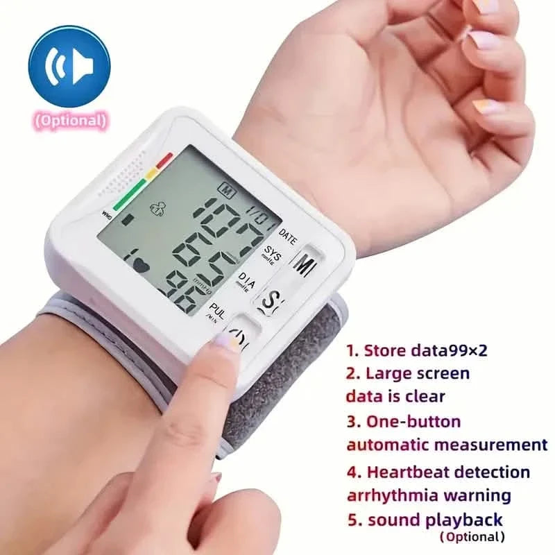Wrist Blood Pressure Monitor with LCD Display, Adjustable Cuff with Irregular Heartbeat Detection