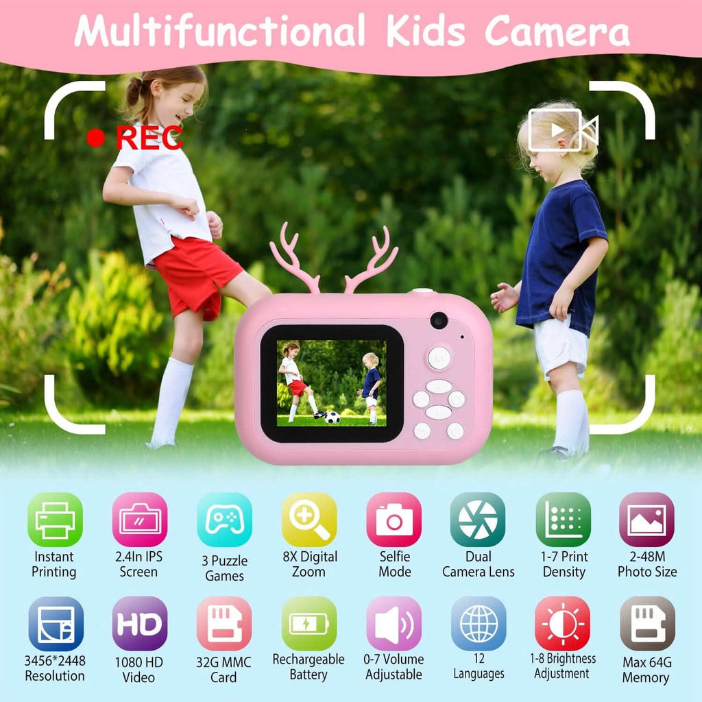 Zero Ink Selfie Camera 1080P HD Video Recorder with Dual Lens 3 Roll Print Papers